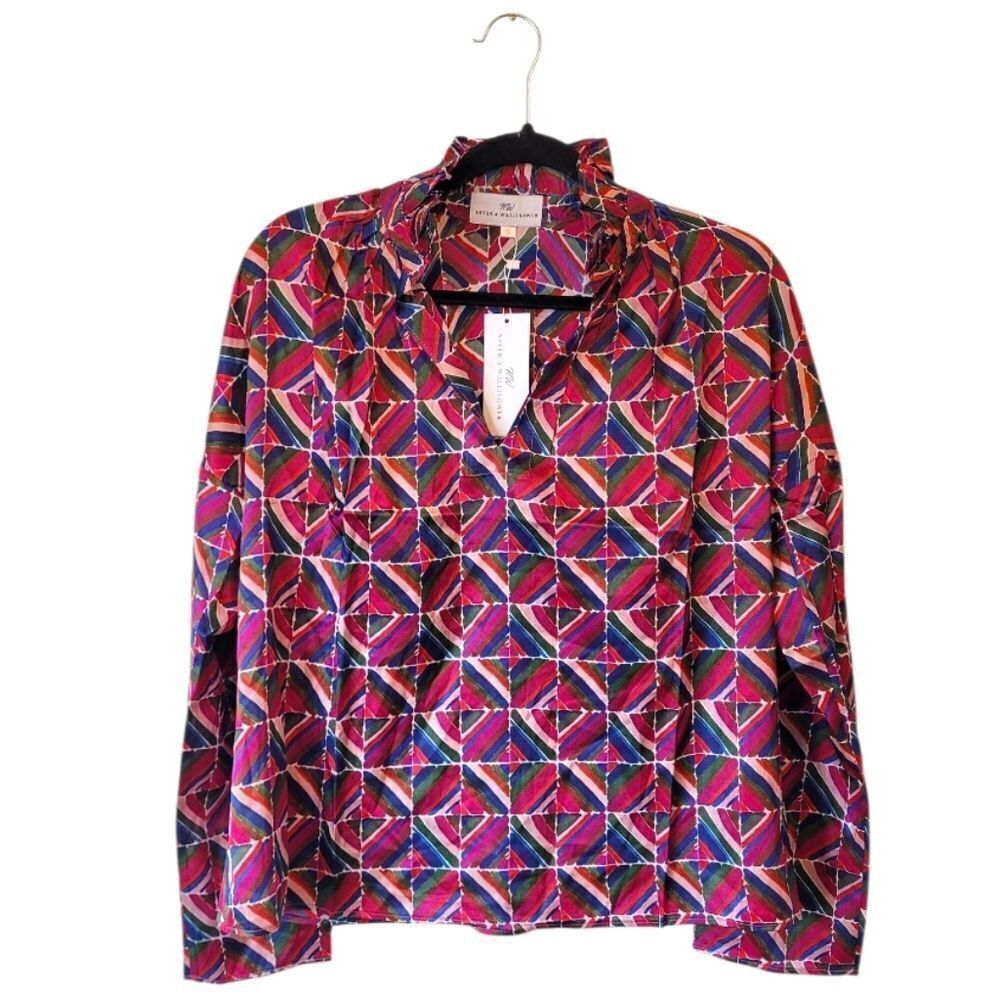 Never A Wallflower Women's Pink Geo Print Ruffle Neck Blouse Size S NWT